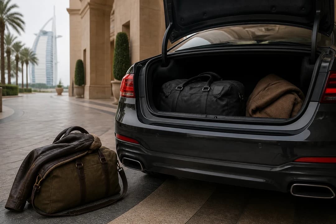 Soft weekender bag beside a sports coupe for best cars to rent Dubai winter packing honesty