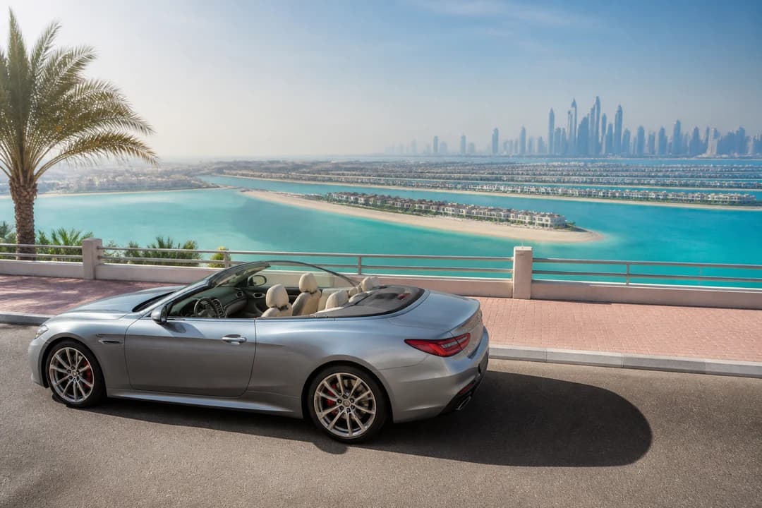 Convertible at a Palm Jumeirah overlook for luxury car rental Dubai weekend coastal loops