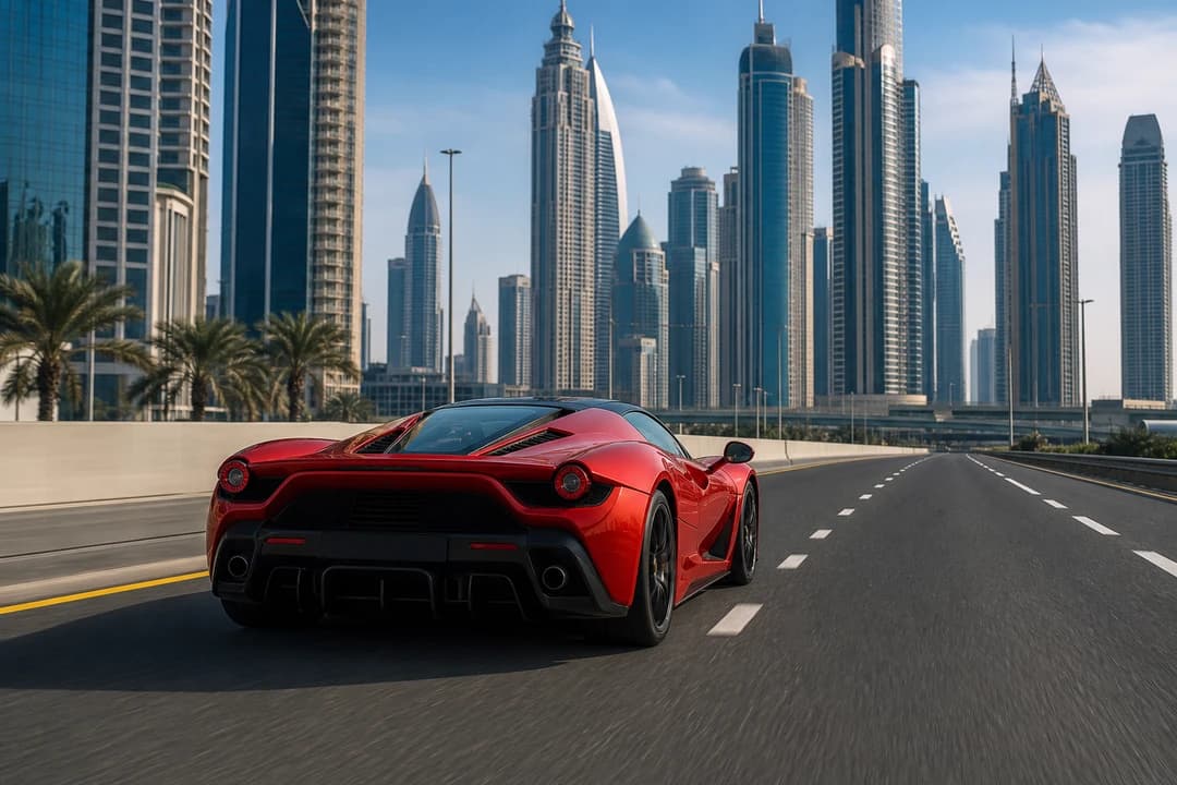 Supercar on Sheikh Zayed Road toward Dubai Marina for best cars to rent Dubai weekend loops