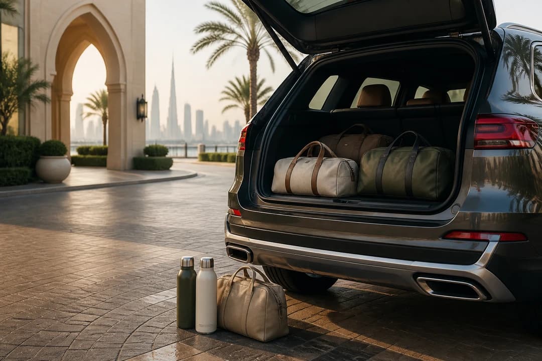Soft bags and water beside a luxury SUV before Dubai car delivery for a weekend scenic day