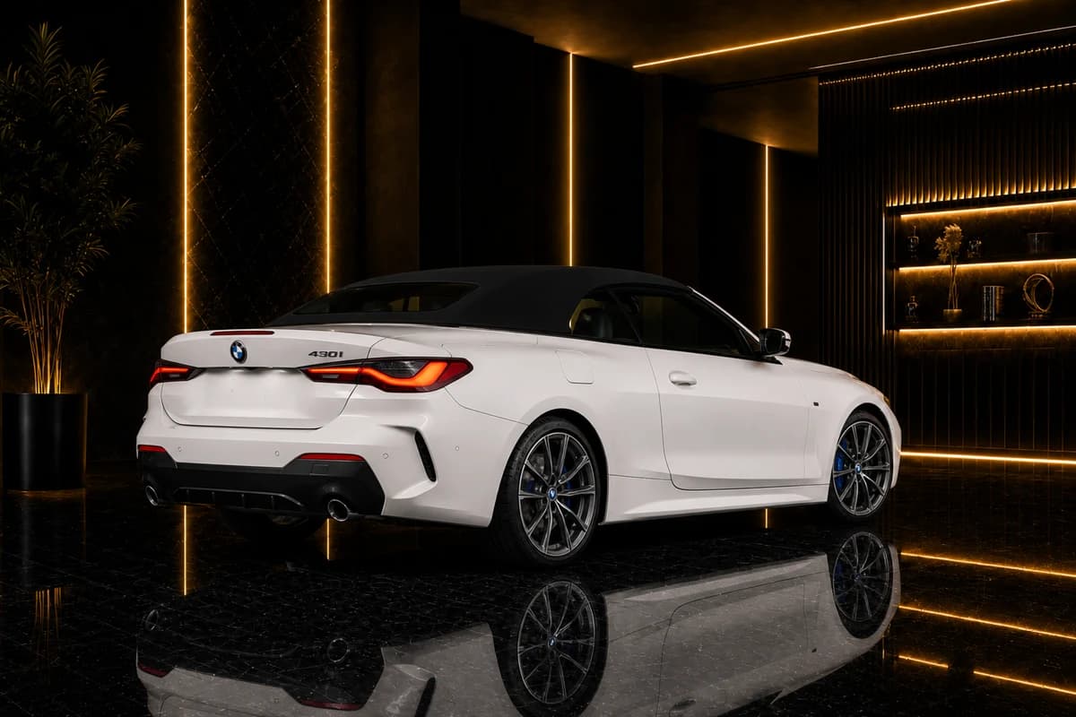 BMW 430i Convertible on JBR and Marina waterfront for open-top BMW rental Dubai sunset plans