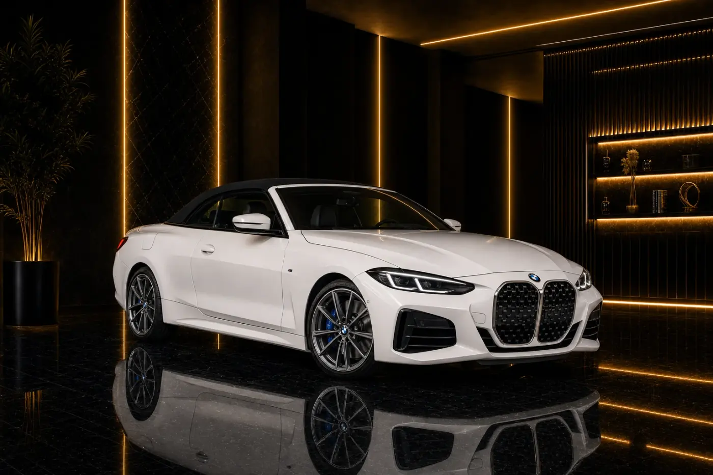 BMW 430i Convertible rental Dubai guide hero with open-top BMW on a Marina coastal road at golden hour