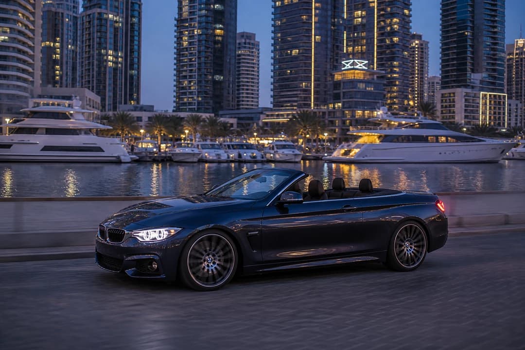 BMW 440i Convertible on Dubai Marina waterfront at blue hour for exotic car rental Dubai coastal loops