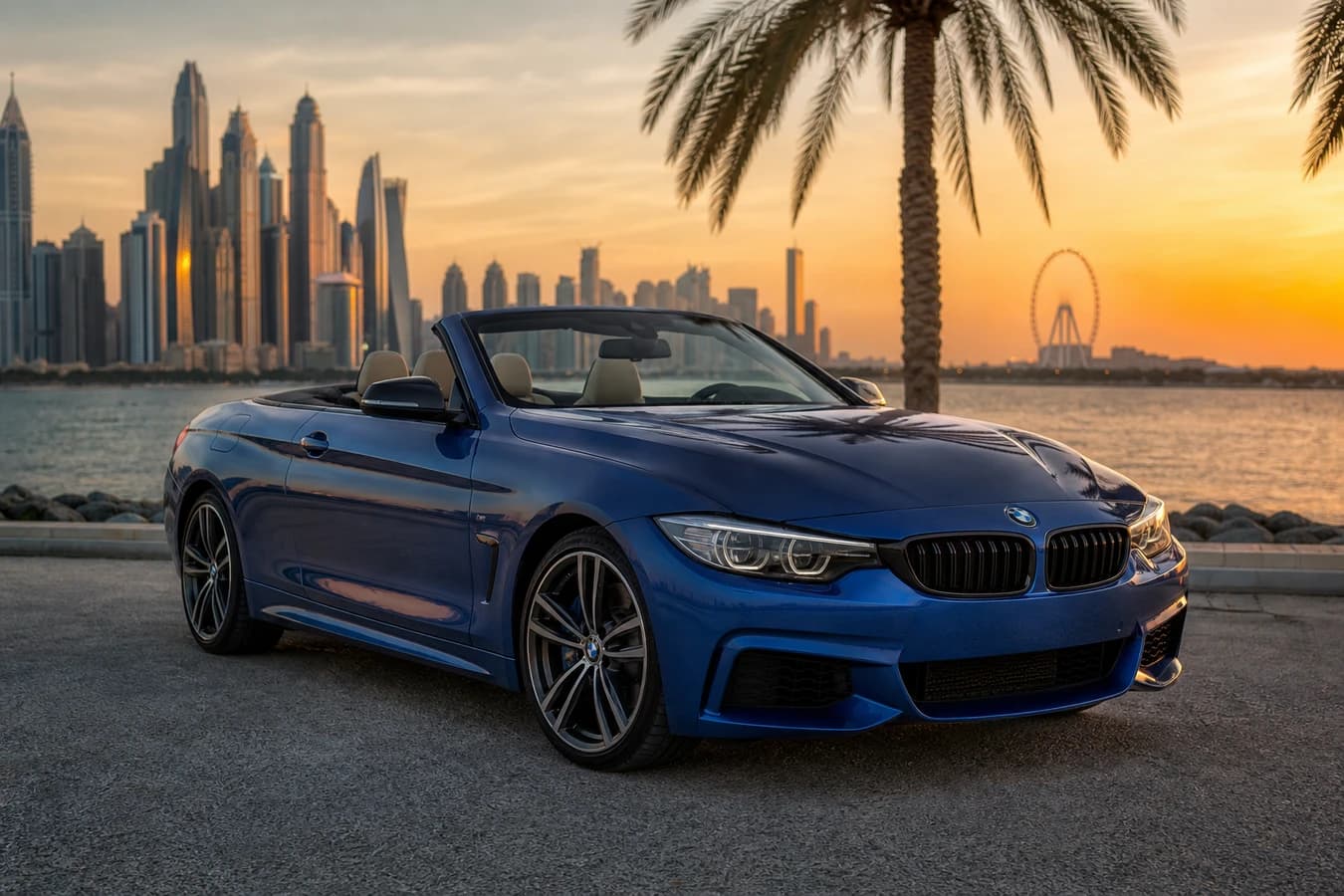 BMW 440i Convertible rental Dubai hero with open-top 440i on Palm Jumeirah at golden hour