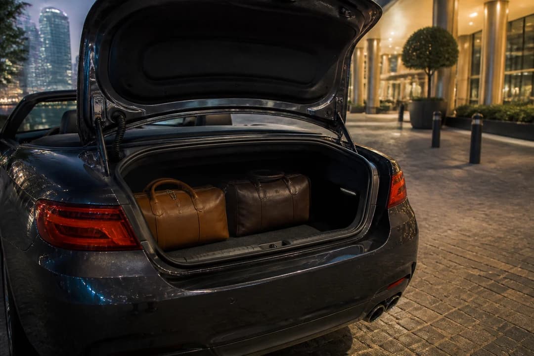 BMW 440i Convertible boot with soft evening bags at a Dubai Marina driveway for luxury car rental Dubai packing