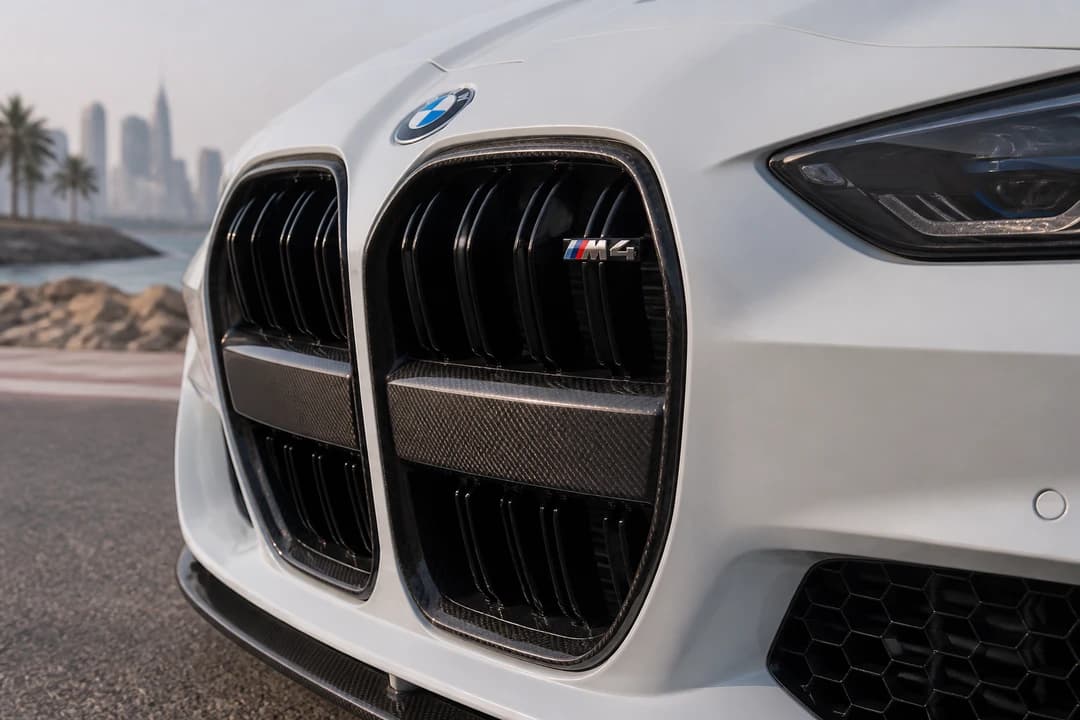 BMW M4 Convertible kidney grille and M badge detail for BMW M4 Convertible rental Dubai identity