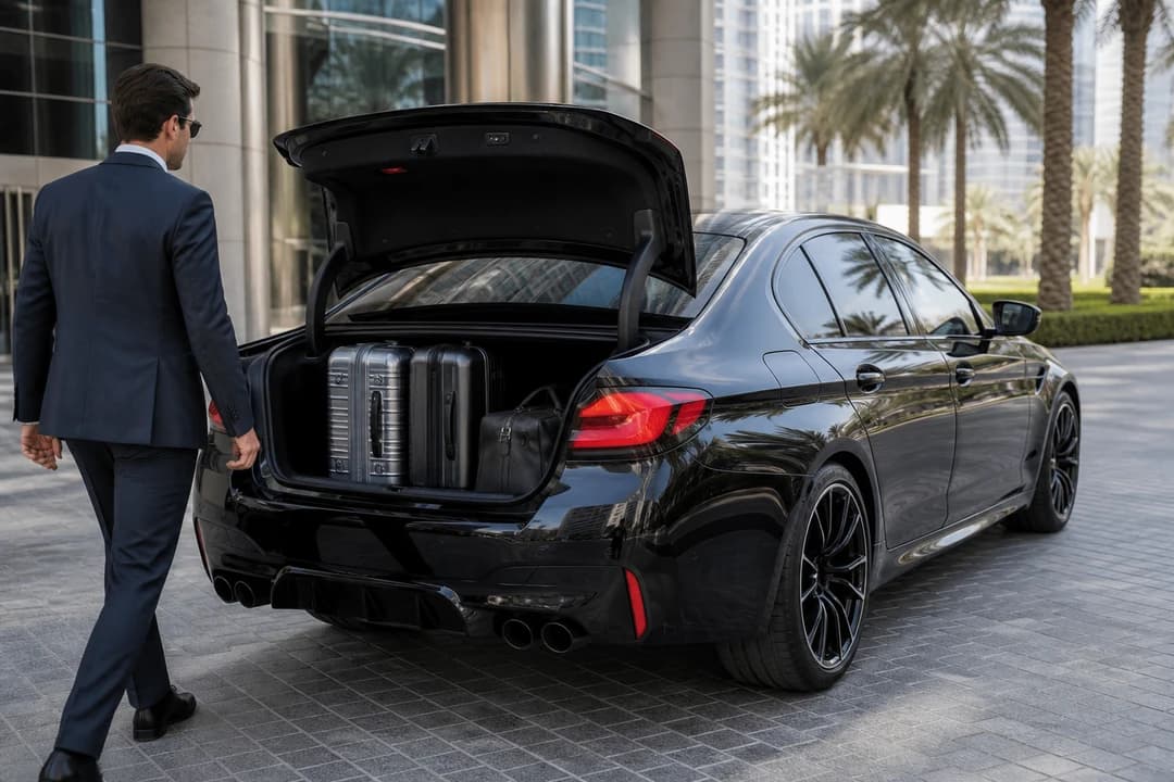 BMW M5 boot with business roller cases at a Dubai office tower podium