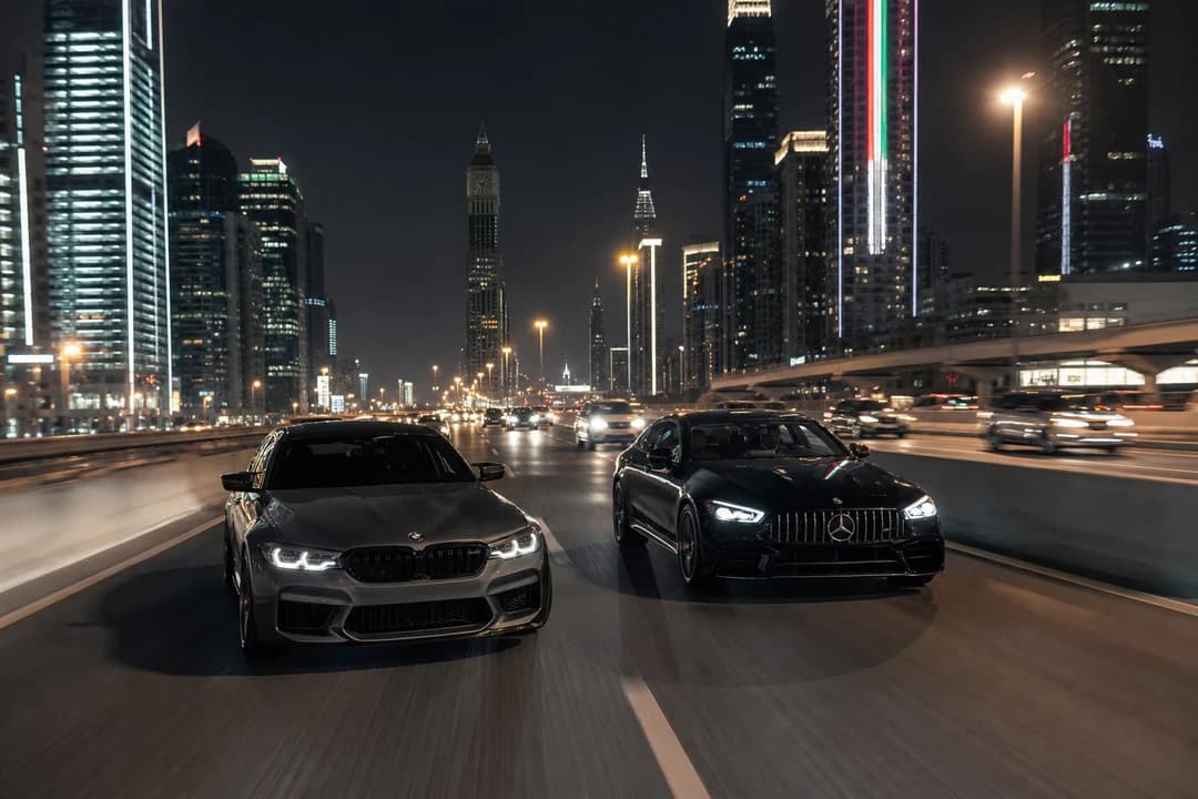 BMW M5 and Mercedes-AMG GT 4-Door on Sheikh Zayed Road at night for luxury car comparison Dubai supercar rental Dubai