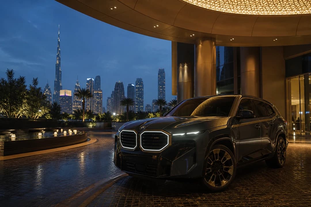 BMW XM at a Downtown Dubai hotel entrance at blue hour for BMW XM rental Dubai arrivals
