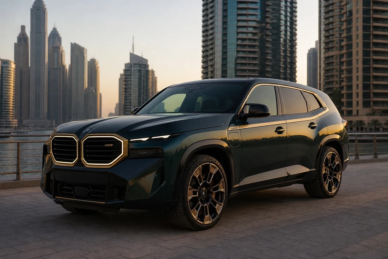 BMW XM rental Dubai hero with a dark XM hybrid M SUV at Dubai Marina waterfront in morning light