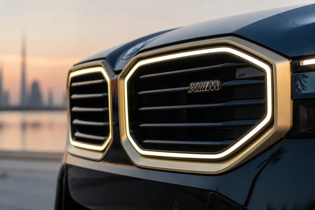 BMW XM illuminated kidney grille and XM badge detail for BMW XM rental Dubai identity