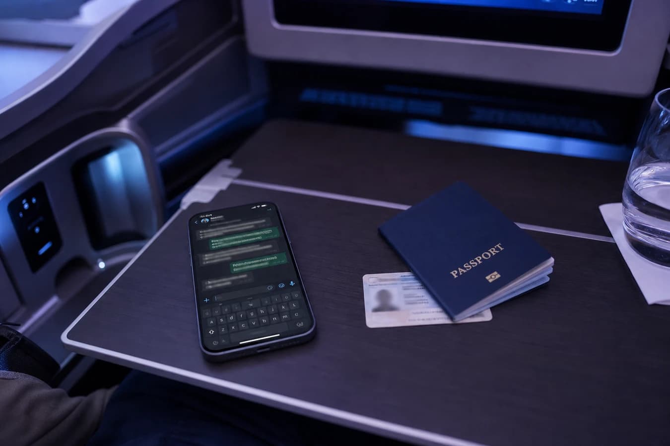 Book luxury car rental Dubai before arrival: WhatsApp, passport, and licence on an aircraft tray table