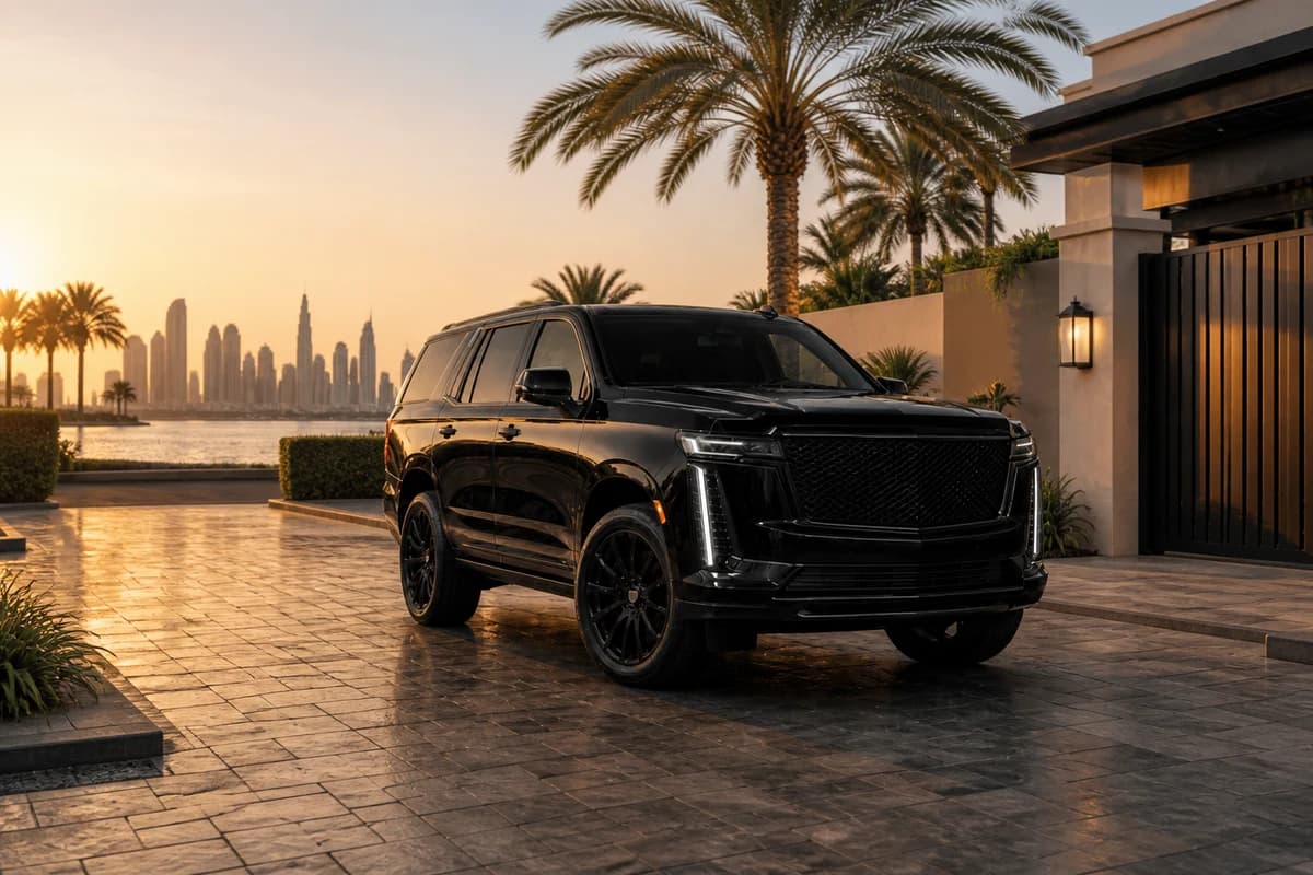 Cadillac Escalade at a Palm Jumeirah villa driveway for luxury car rental Dubai family stays