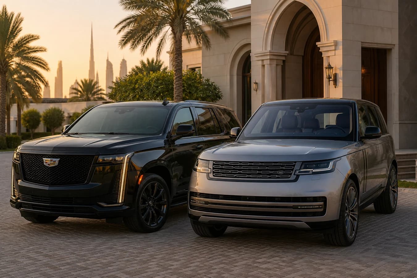 Cadillac Escalade vs Range Rover Dubai hero with both full-size luxury SUVs at a villa driveway