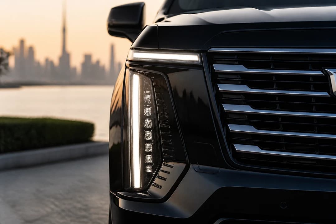 Cadillac Escalade vertical light signature detail for Cadillac Escalade vs Range Rover Dubai identity