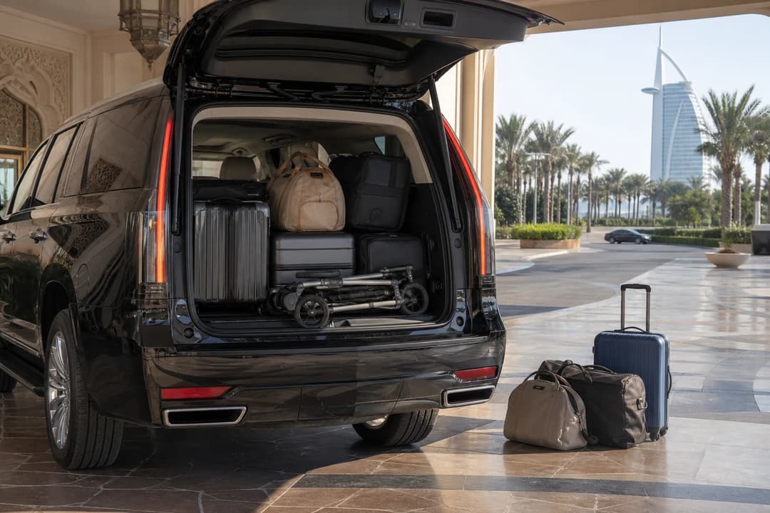 Cadillac Escalade open tailgate with family luggage for luxury car hire Dubai packing checks