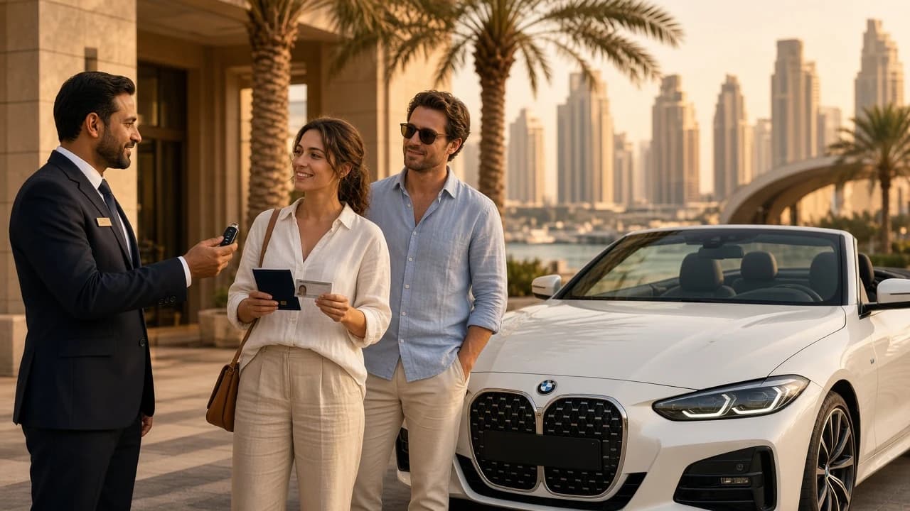 Drive in Dubai with a New Zealand licence: travellers receive the key to a white BMW 4 Series Convertible at a Dubai hotel