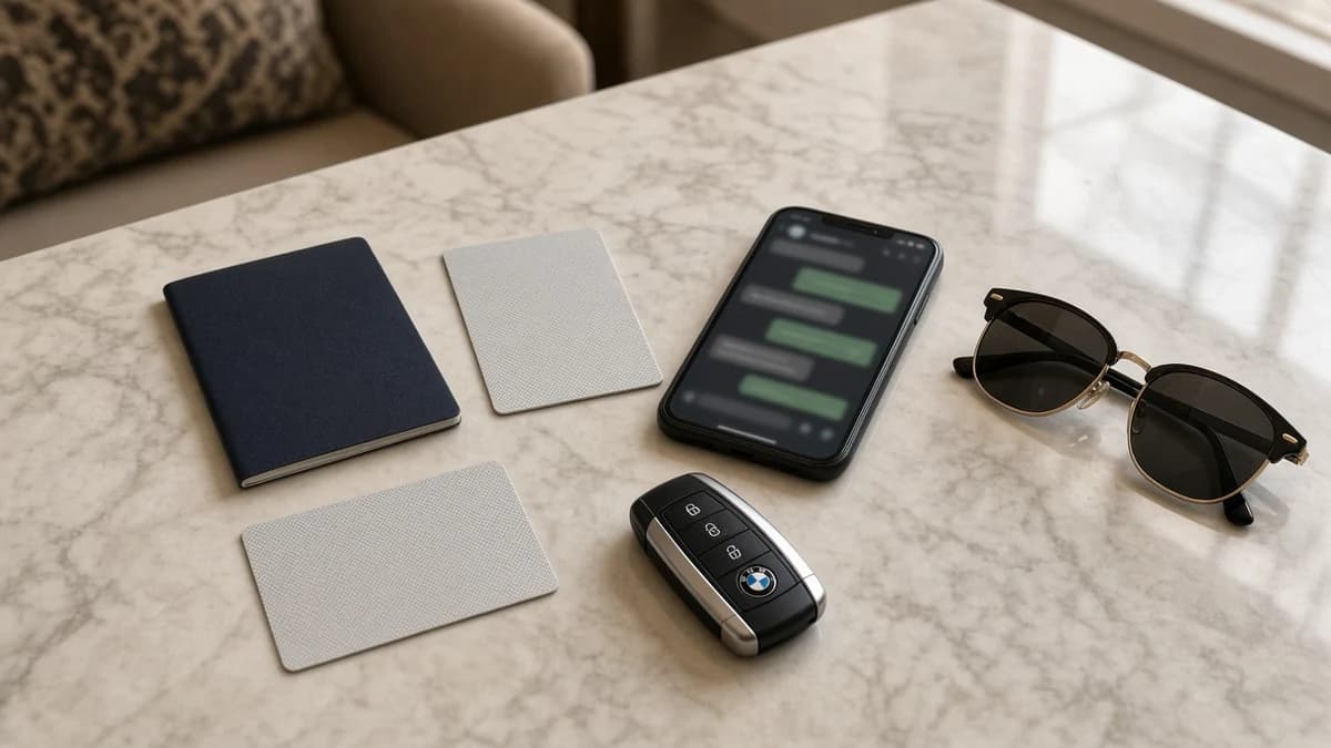 New Zealand driver licence UAE rental pack: passport, photocard licence, permit booklet, and BMW key on a hotel desk