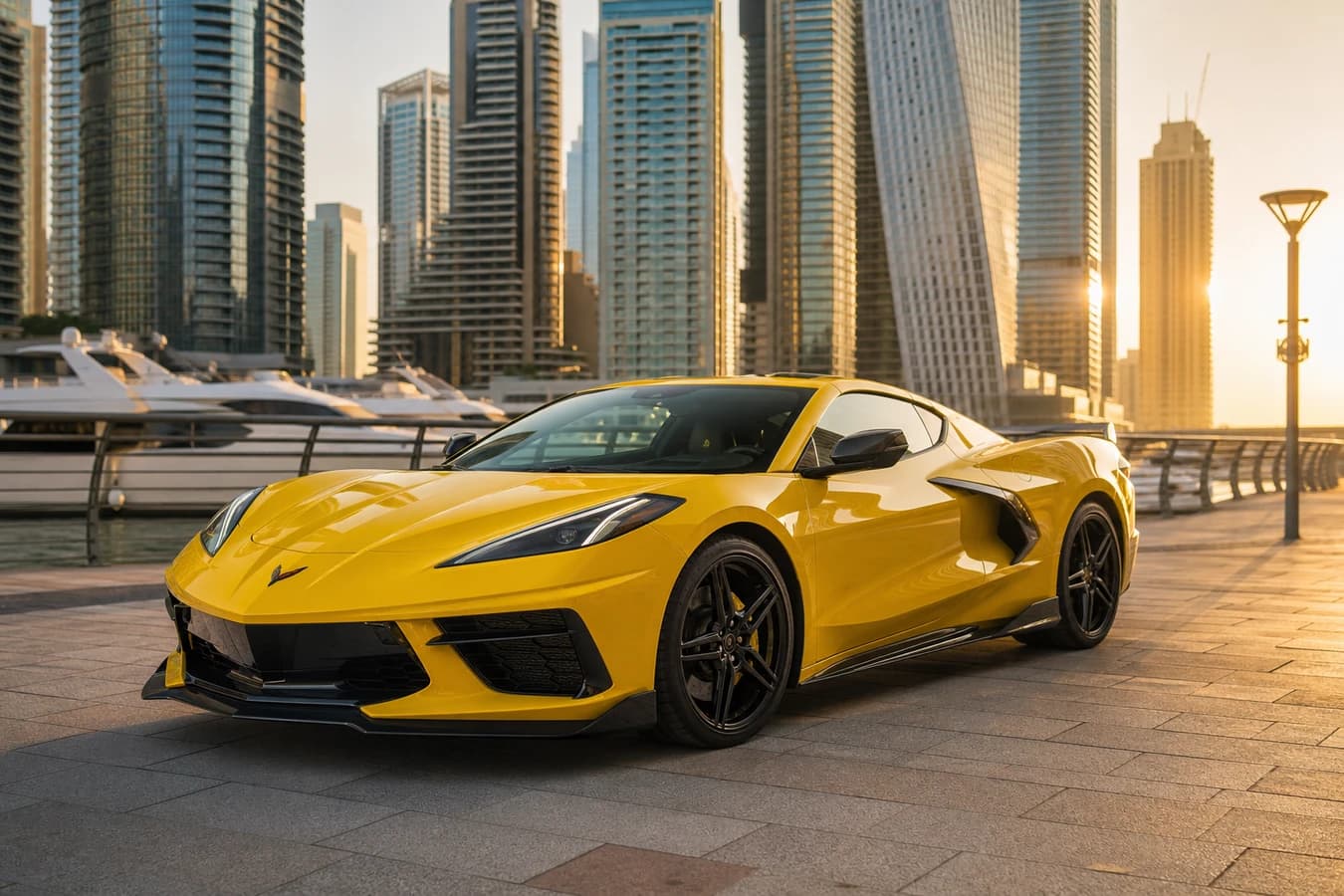 Chevrolet Corvette rental Dubai hero with a yellow Corvette Stingray at Dubai Marina Walk in evening light