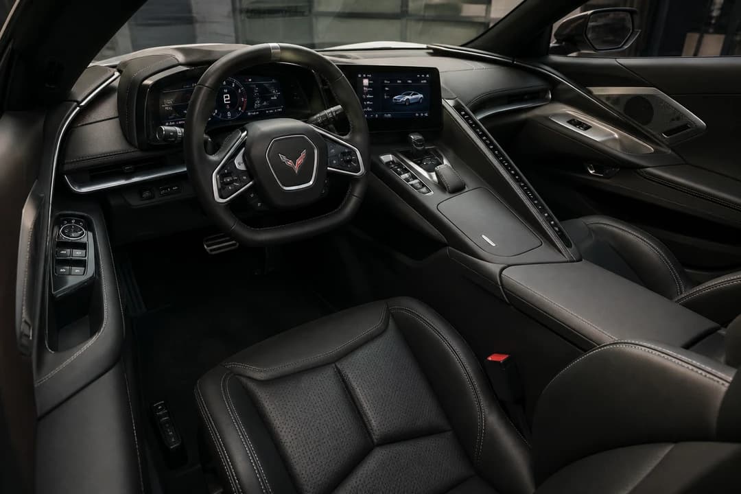 Corvette Stingray hire Dubai cockpit with driver display and two-seat cabin for first evening drives