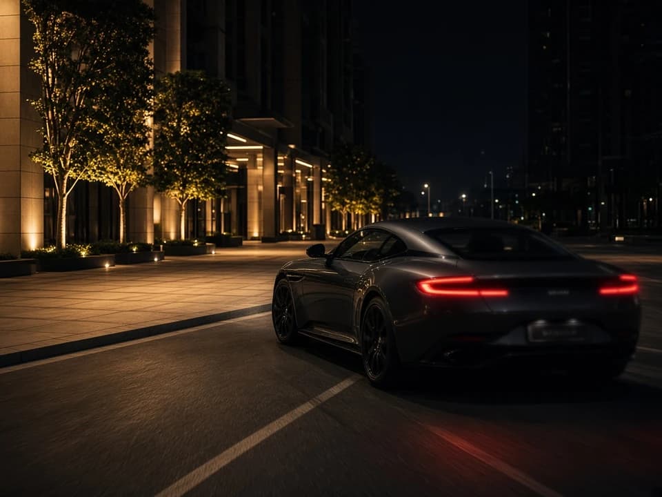 Luxury GT leaving a lit City Walk plaza after an event car rental Dubai arena night