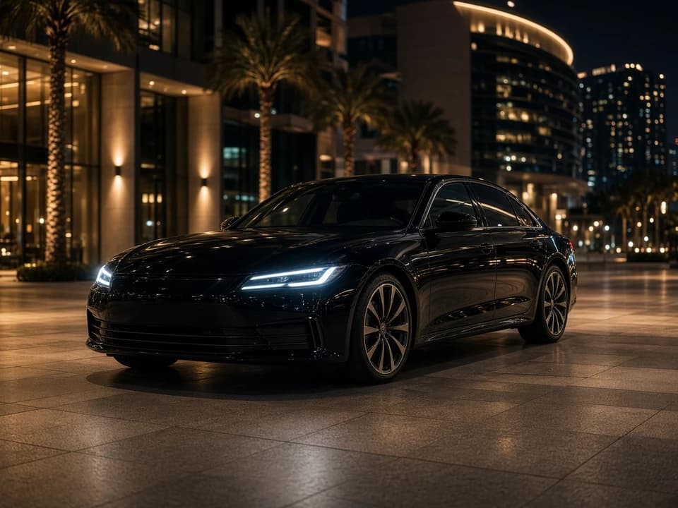 Closed luxury sedan under arena plaza lights for luxury car rental Dubai concert arrivals at City Walk
