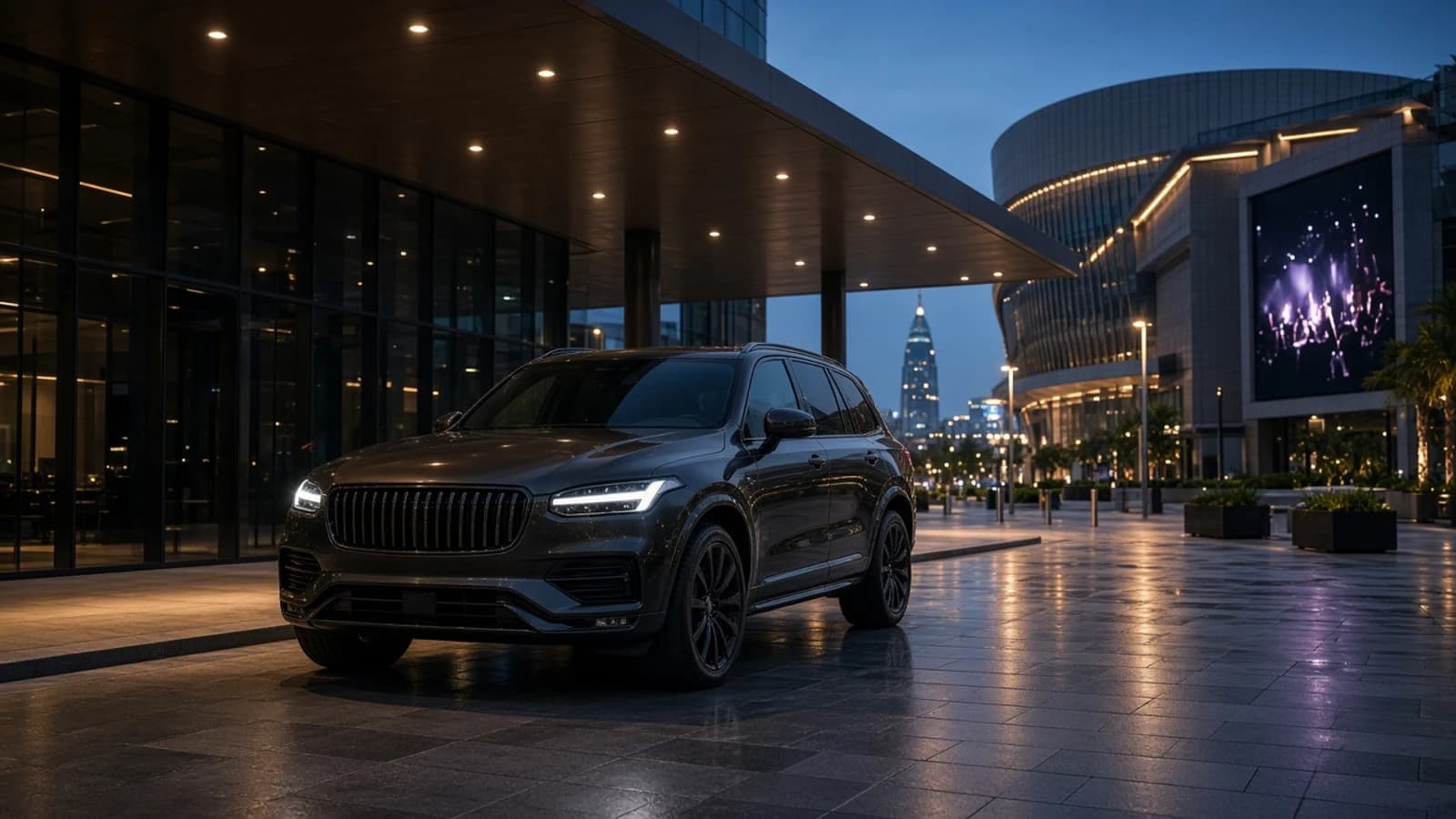 Coca-Cola Arena luxury car rental Dubai: luxury SUV at a City Walk arena porte-cochère before a concert night