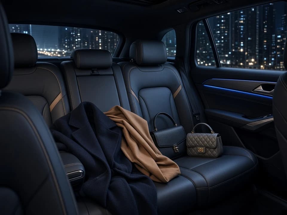 Rear cabin of a luxury SUV with soft evening bags before Coca-Cola Arena luxury car rental Dubai show time