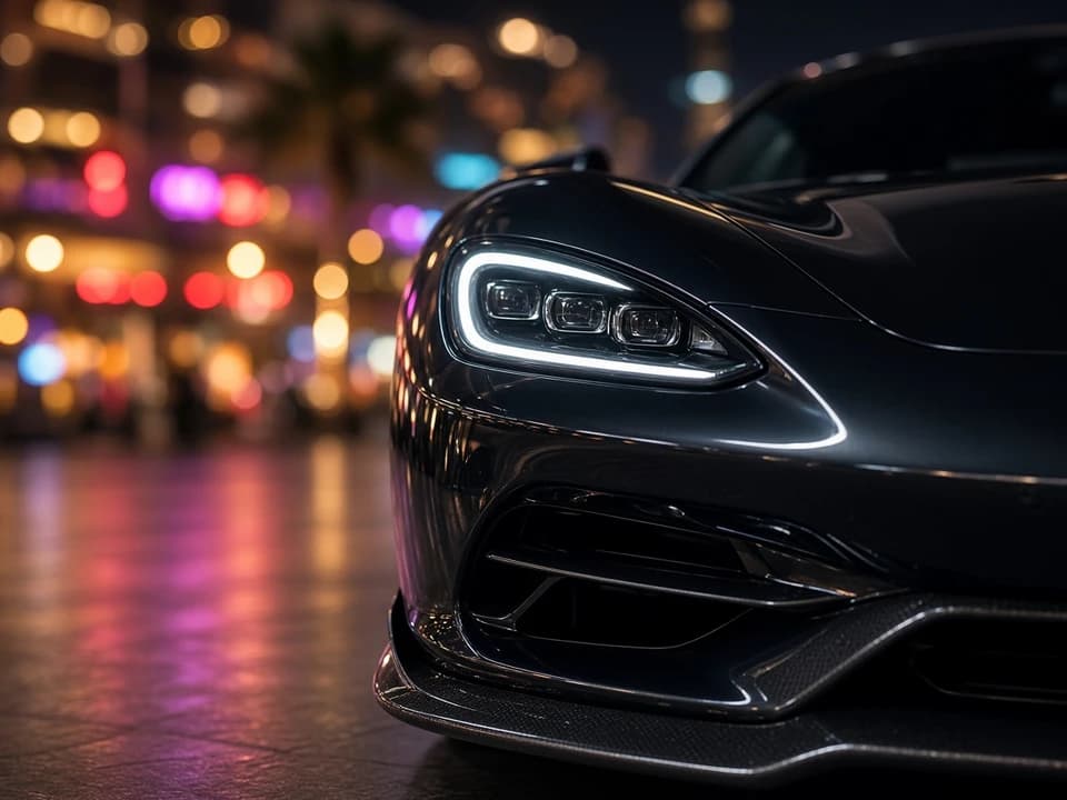 Supercar headlight detail with blurred Coca-Cola Arena plaza lights for best cars to rent Dubai event nights