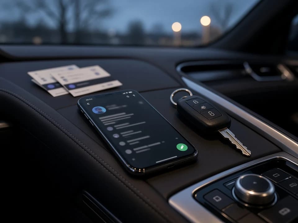 Show tickets and WhatsApp pin on a luxury console for Dubai car delivery before an arena evening