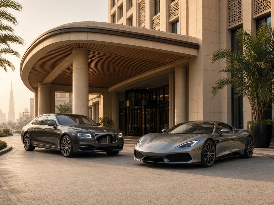 Luxury sedan and supercar at a Dubai hotel for Dubai car rental guide quote comparison by body class