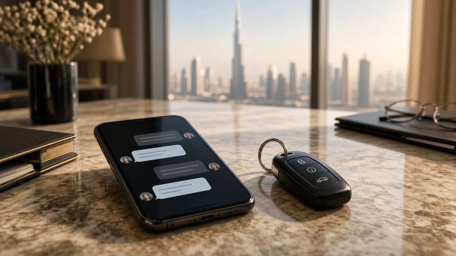Compare luxury car rental quotes Dubai: two WhatsApp quote threads beside keys on a hotel desk
