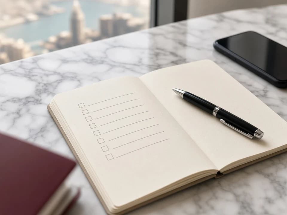 Checklist notebook with mileage, deposit, and VAT lines for compare luxury car rental quotes Dubai
