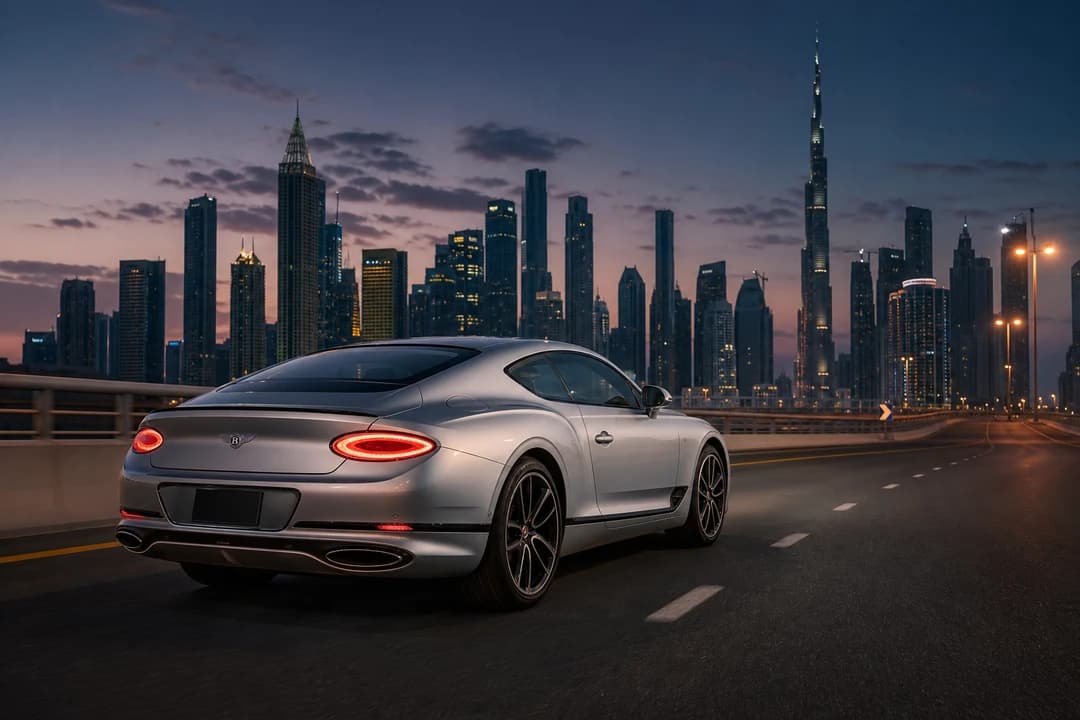 Silver Bentley Continental GT Speed on Sheikh Zayed Road at blue hour for luxury car hire Dubai grand-tourer evenings