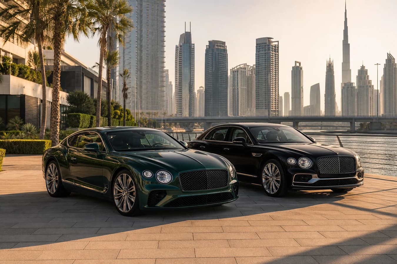 Continental GT vs Flying Spur rental Dubai: British racing green Continental GT coupe beside black Flying Spur at Business Bay canal