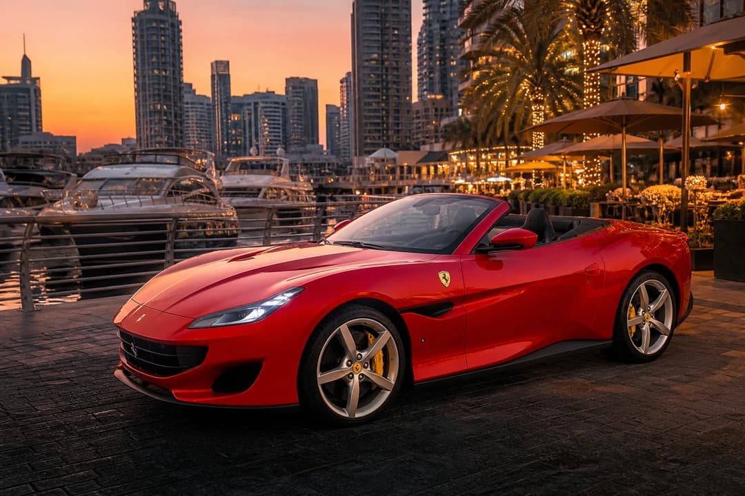 Ferrari Portofino on Dubai Marina Walk at dusk for Dubai Marina convertible hire waterfront evenings
