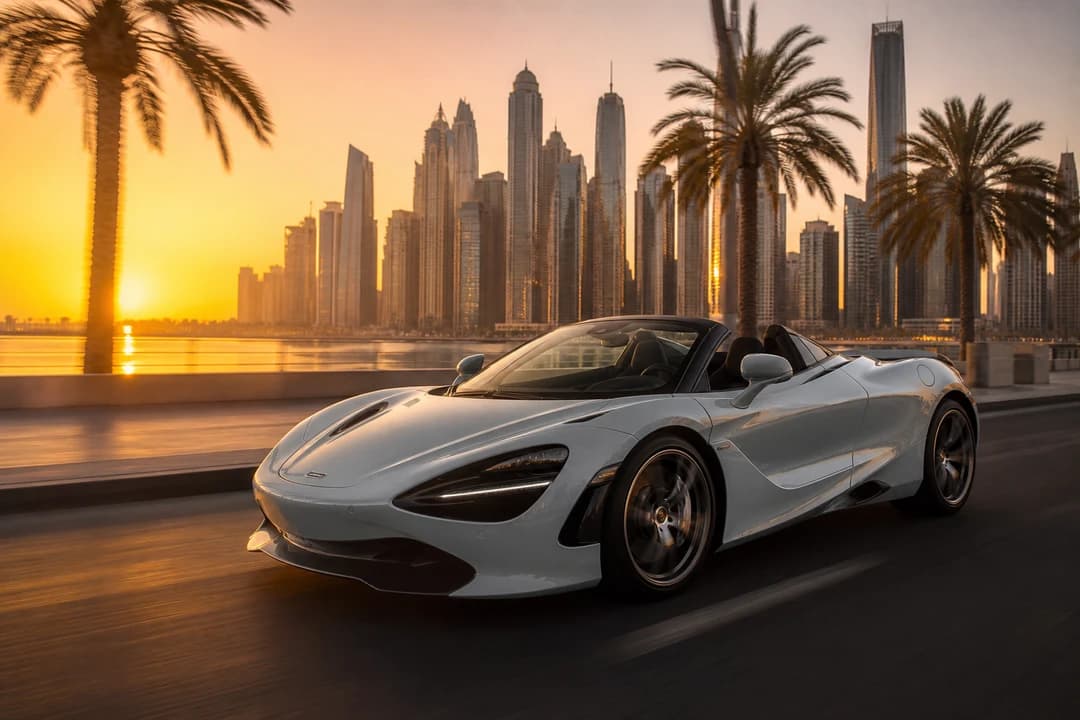 McLaren 750S Spider roof down on JBR coastal road for best convertible rental Dubai evening plans