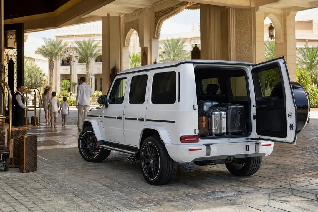 Mercedes-Benz G63 open tailgate with family luggage at Dubai hotel for Dubai family SUV rental logistics