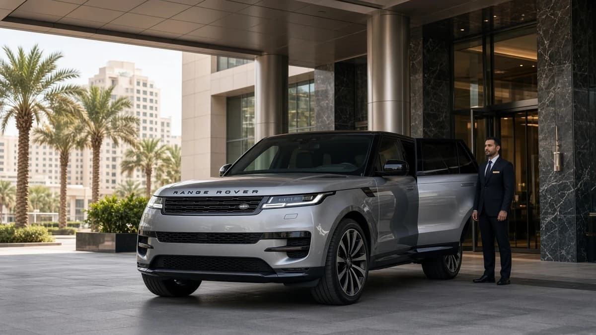Business car rental Dubai delivery with a luxury SUV at a DIFC hotel porte-cochère for VIP guest transport