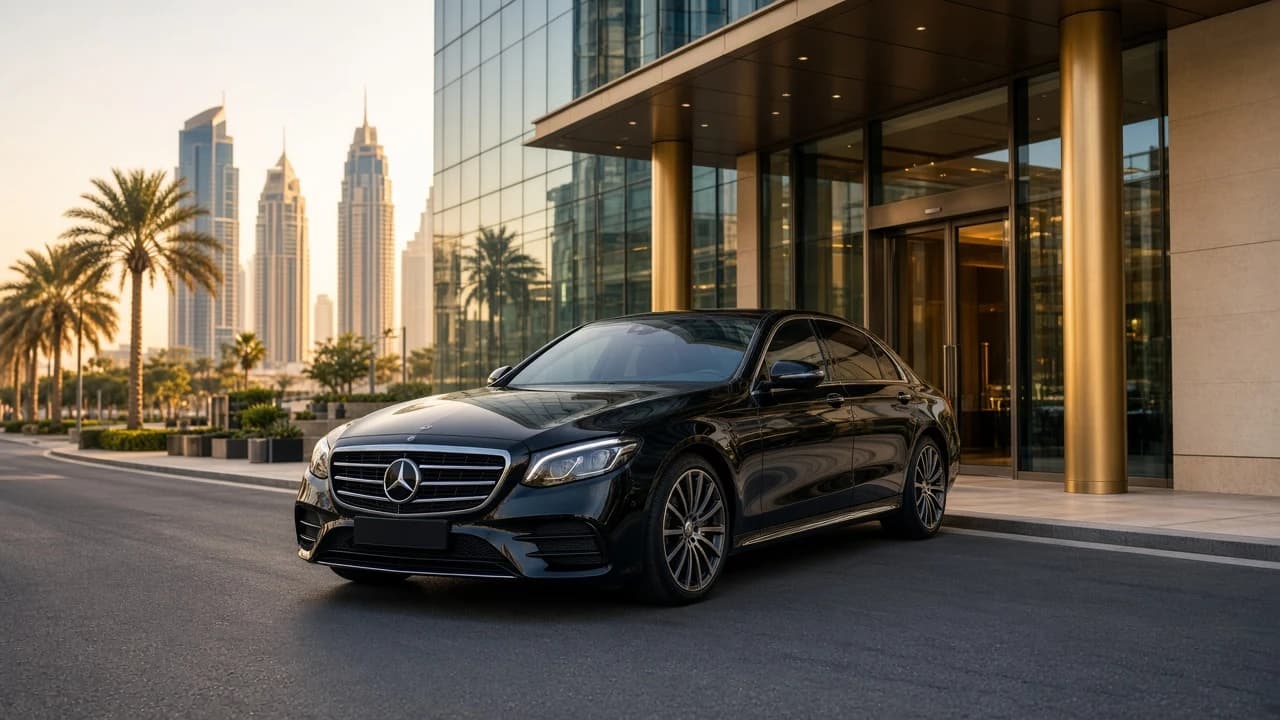 Corporate car rental Dubai guide hero with an executive sedan at a Business Bay tower podium for weekday guest handover