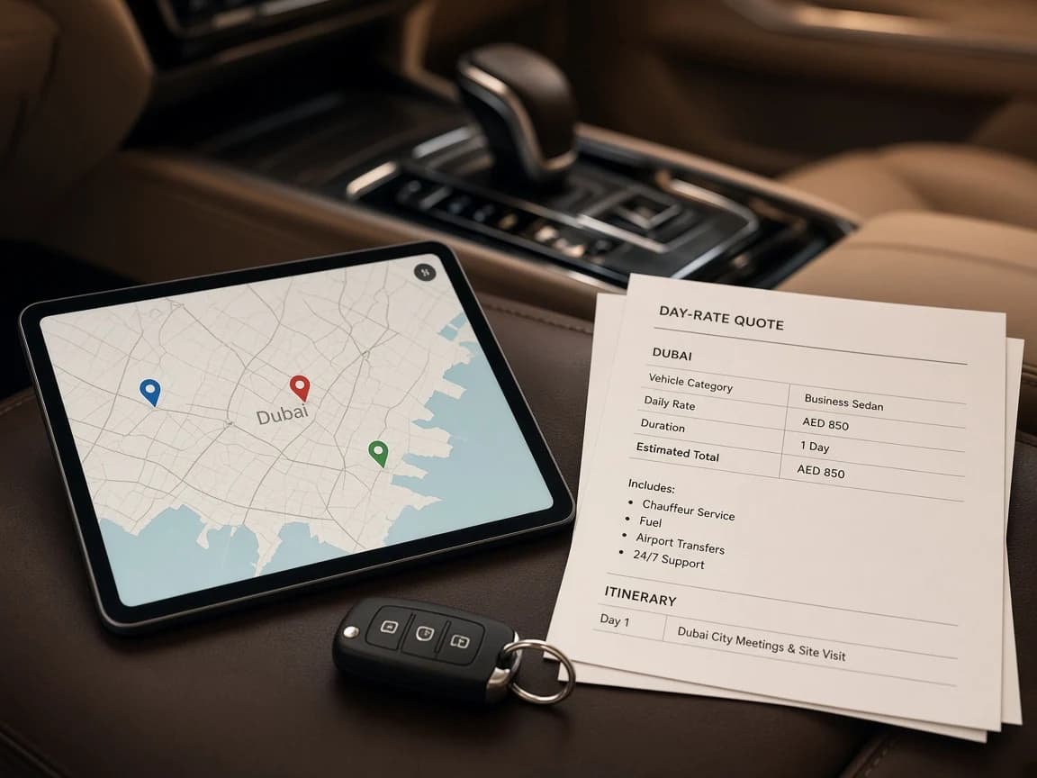 Corporate SUV rental Dubai planning desk with day-rate quote, delivery map pins, and guest itinerary on a tablet