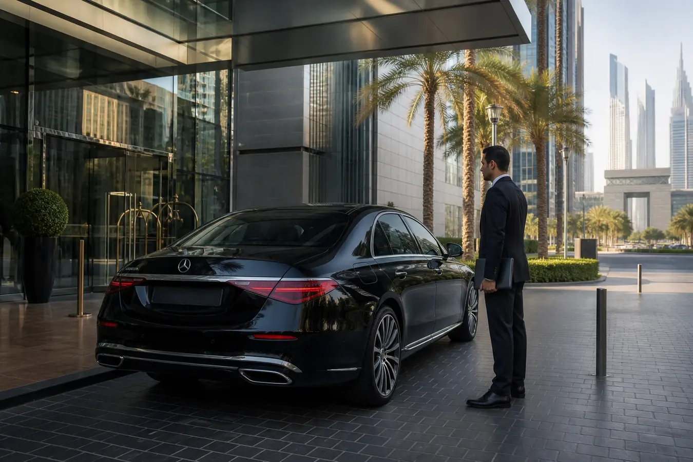 Corporate luxury car rental Dubai handover at a DIFC tower porte-cochère with a black executive sedan and agreement folder