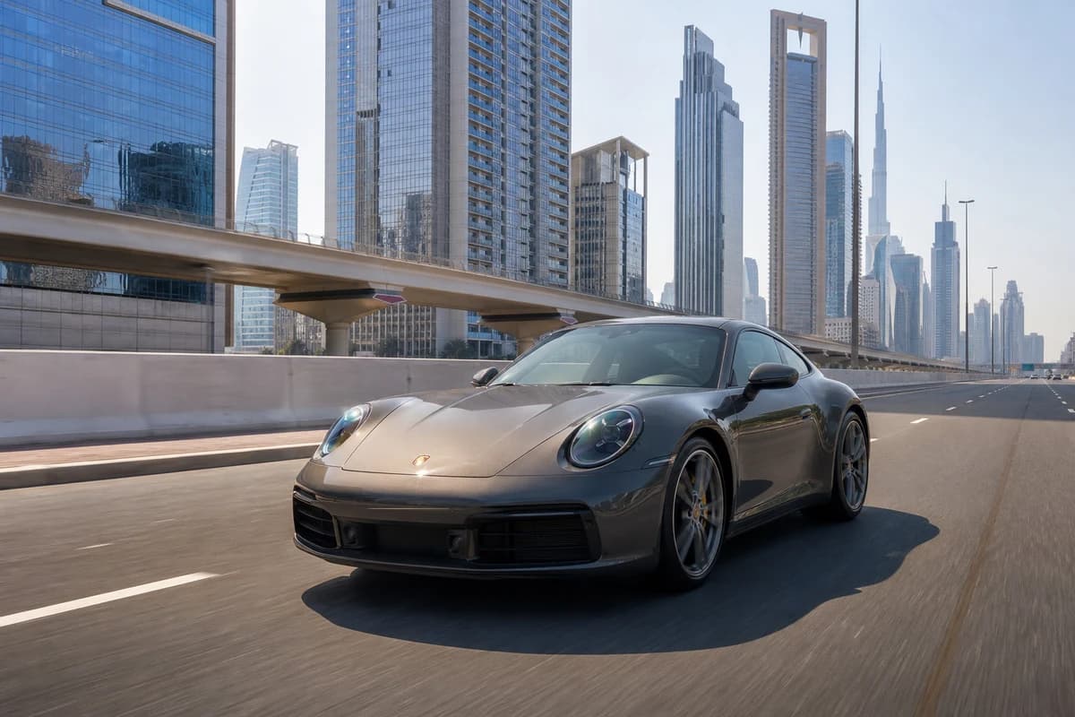 Closed Porsche 911 coupe on Sheikh Zayed Road for coupe vs convertible rental Dubai daily usability