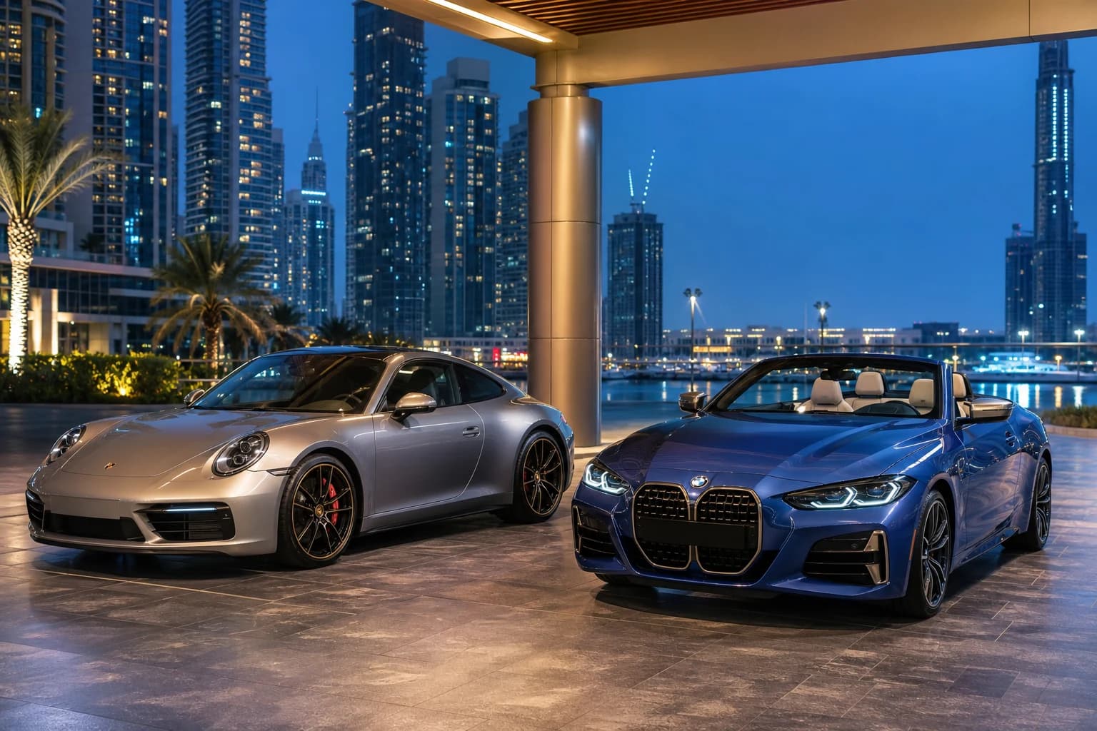 Coupe vs convertible rental Dubai hero with a closed Porsche coupe and open BMW convertible at a Marina hotel porte-cochere