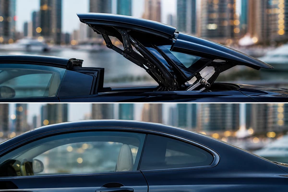 Retractable hardtop and coupe roof-line detail for luxury car comparison Dubai body-style choice
