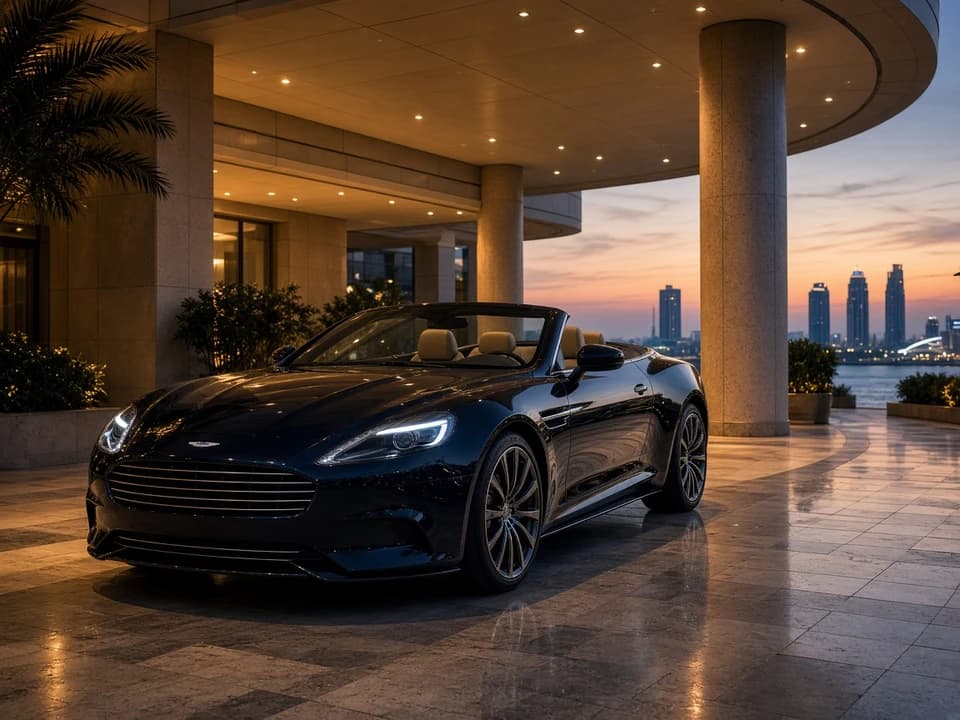 Convertible at a Palm Jumeirah hotel porte-cochère for best cars to rent Dubai couples weekend