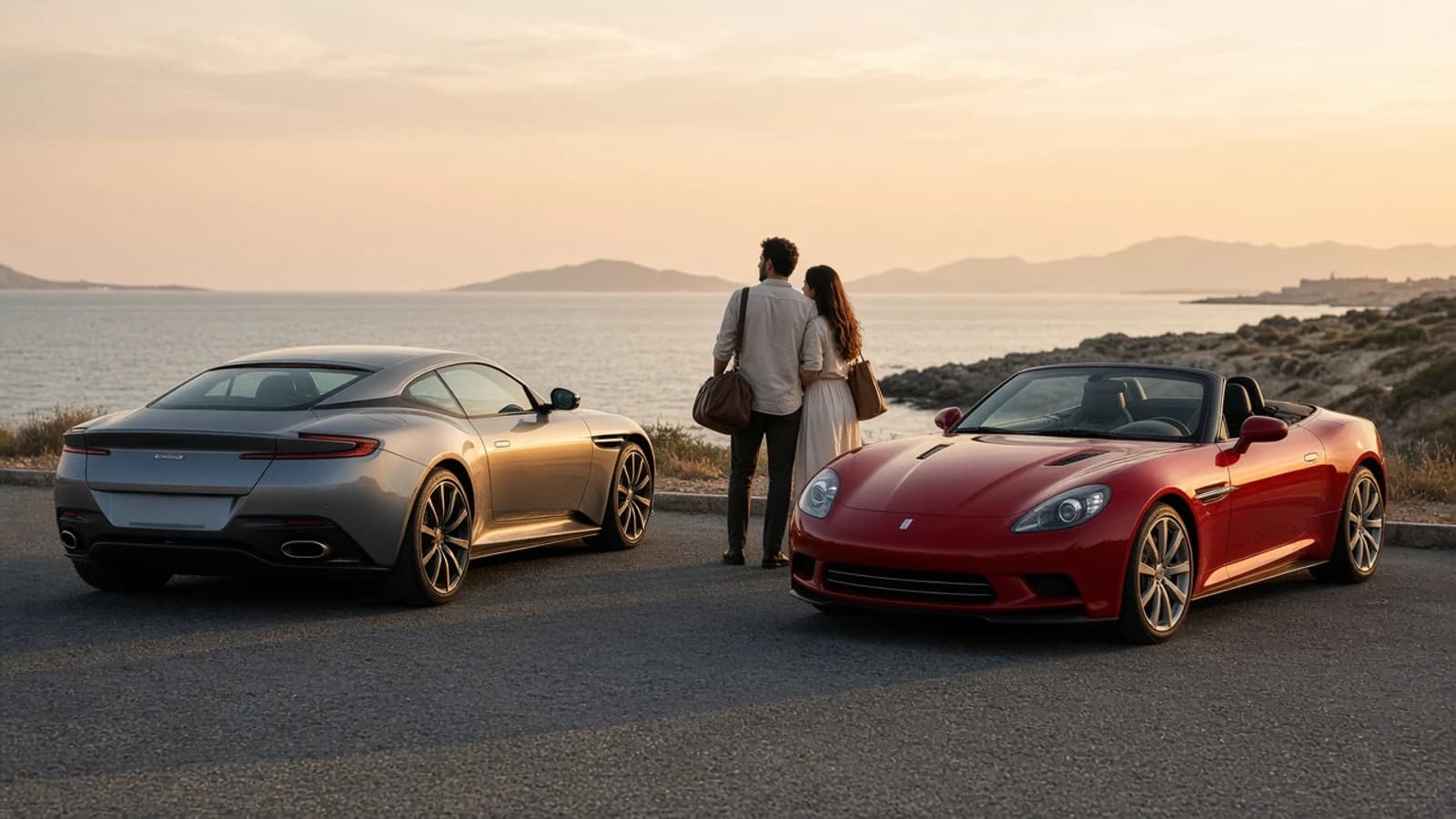Couples road trip Dubai luxury car: grand tourer coupe beside a convertible at a UAE coastal pull-off at golden hour