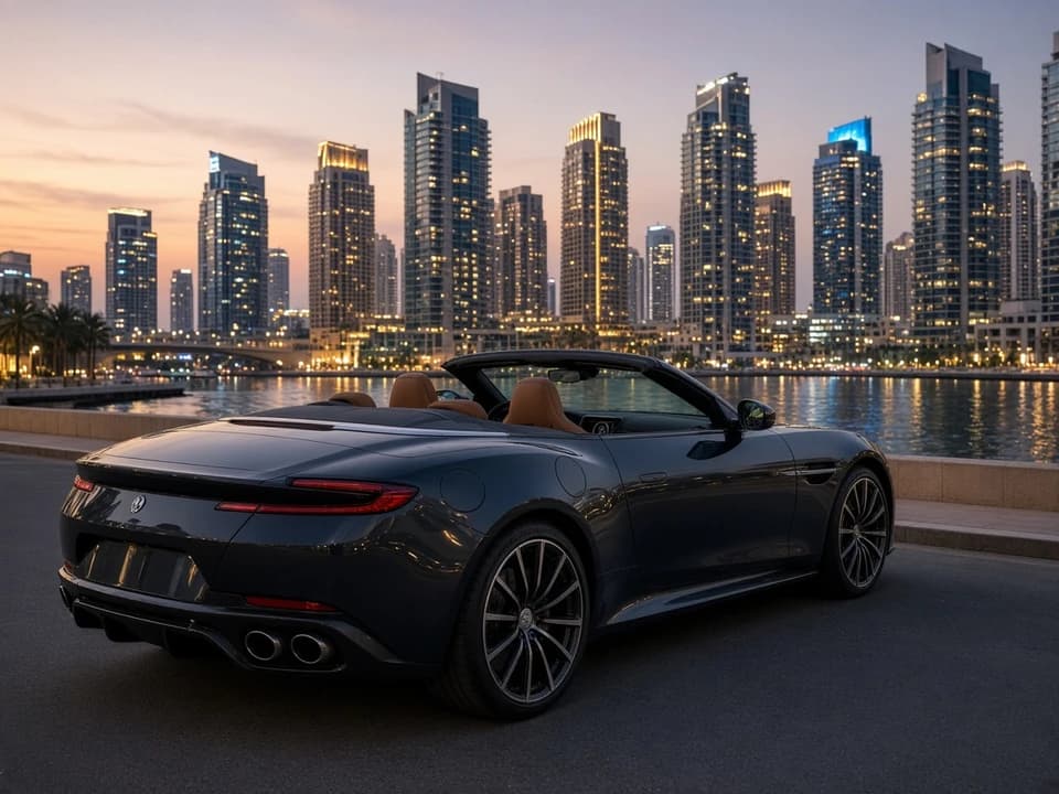 Convertible luxury car roof-down at Dubai Marina for couples weekend open-top driving