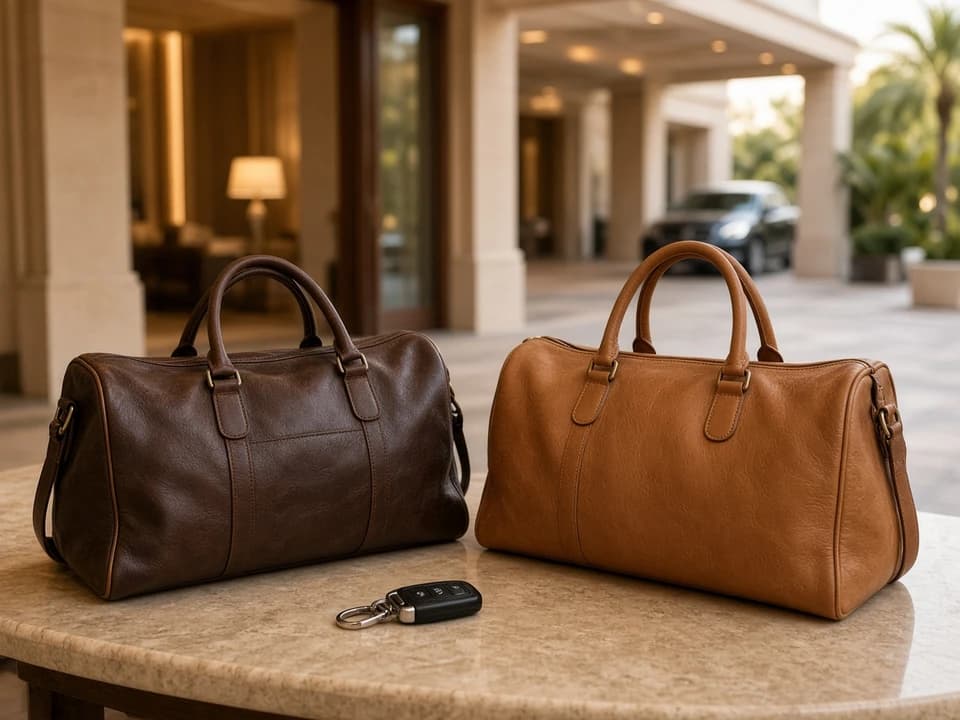 Soft overnight bags and keys before a couples weekend luxury car rental Dubai road trip
