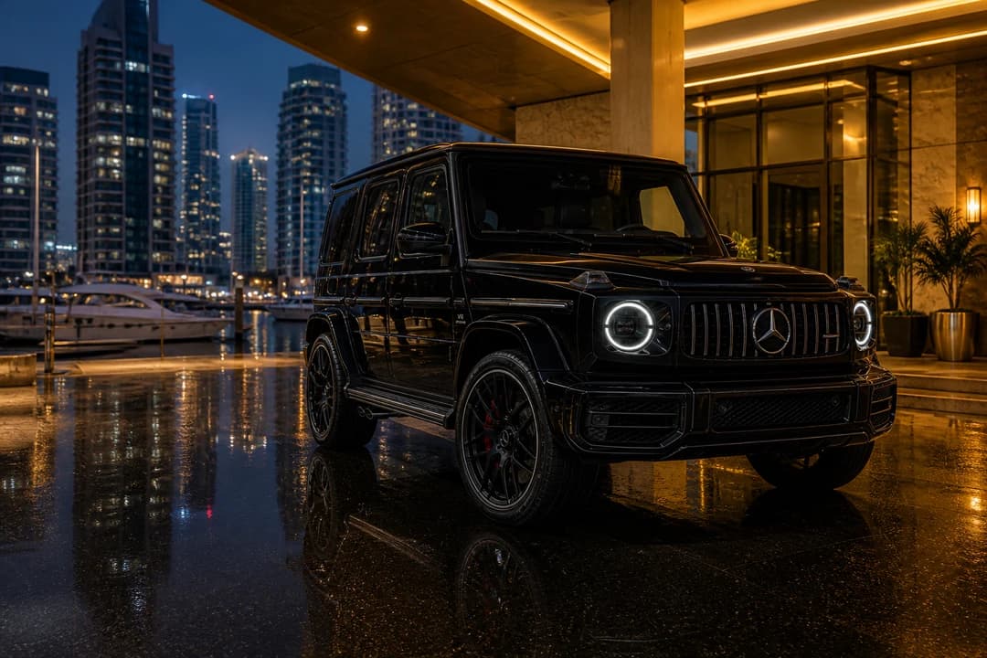 Mercedes-Benz G63 at Dubai Marina hotel entrance at blue hour for supercar rental Dubai guests choosing an SUV
